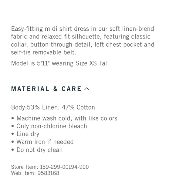 NWT A&F Linen-Blend Midi Shirt dress, S Tall - Picture 5 of 5